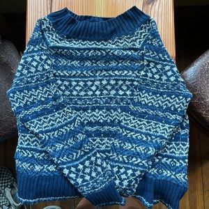 Vintage Blue and White knitted sweater, Turtle Neck